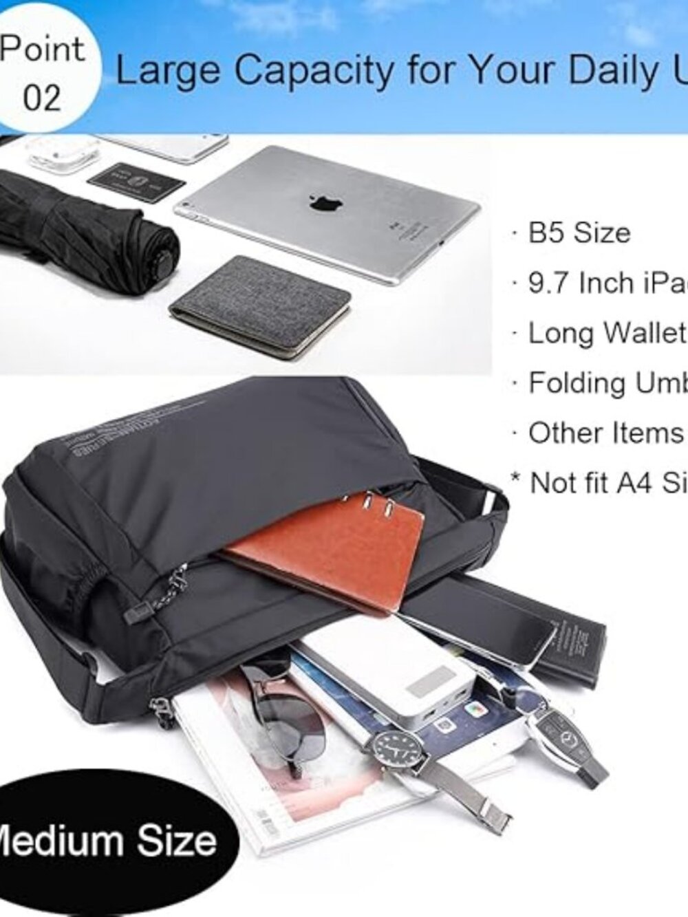 Mens nylon messenger bag waterproof lightweight crossbody shoulder purse